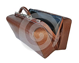 Brown leather old luggage bag open