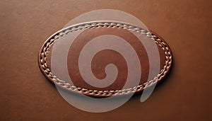 Brown leather oval patch with stitching detail. The stitched label is on a leather background. Use this elegant material for