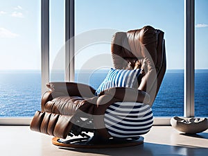 a brown leather recliner with blue and white lines. ai generative