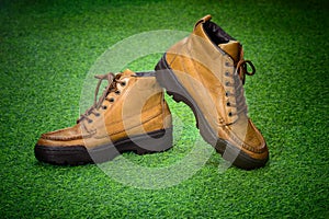 Brown leather retro shoes as for adventure shoes` style on green