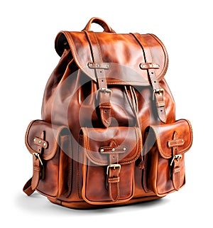 Brown leather rucksack isolated on white background.