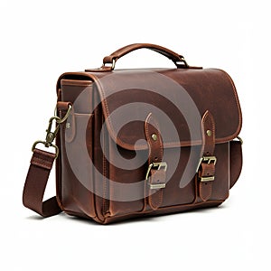 Brown leather satchel with a structured, rectangular design. Features a top handle, an