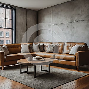 Brown leather sectional couch with a round coffee table in a living room with a concrete wall