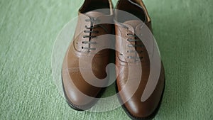 Brown leather shoes on a green background