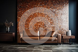 Brown leather sofa against tiled mosaic wall. Loft interior design of modern living room