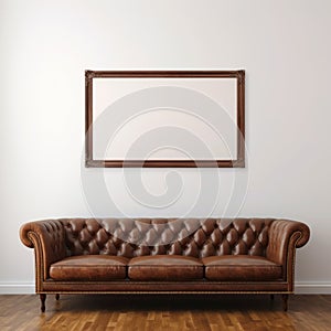 Brown Leather Sofa In Front Of White Wall With Empty Frame