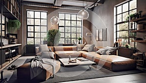 Brown leather sofa. Interior design of loft living room. Created with generative AI