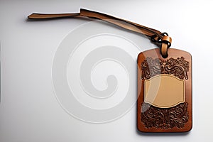 A brown leather tag mockup with handle, white isolated.