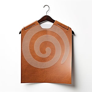 A brown leather tag mockup with handle, white isolated.