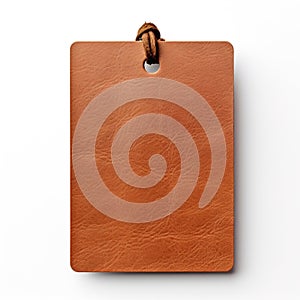 A brown leather tag mockup with handle, white isolated.