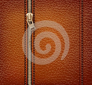 Brown leather texture background with zipper.