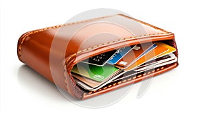 Brown leather wallet with credit cards isolated on a white background