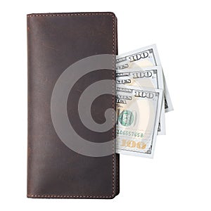 Brown leather wallet with dollars banknotes isolated on white