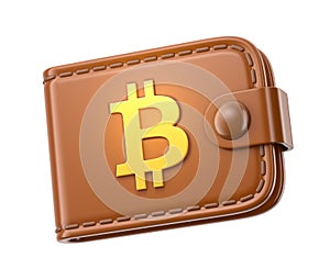 Brown leather wallet icon with Bitcoin sign isolated on white background