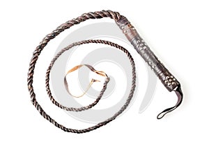 Brown leather whip isolated on white