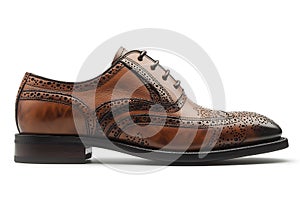 Brown Leather Wingtip Brogue Shoe With Black Sole Detailed Perforations & Laces photo