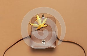 Brown leather women bag and golden autumn leaf on brown background top view flat lay copy space. Fashionable women`s accessories.