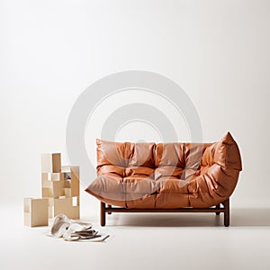Futon With Bouroullec Lounge Chair: Tan Leather On White Background photo