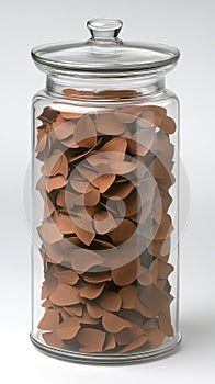 Brown leaves arranged inside a glass jar create a natural decor piece, highlighting autumn tones against a clean white photo