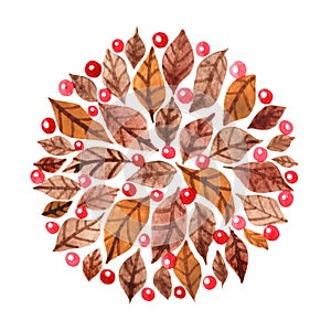 Brown leaves and berry wreath watercolor for decoration on autumn.