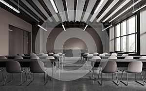 Brown lecture hall interior with tables