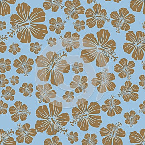 Brown on light blue random hibiscus flower seamless repeat pattern background