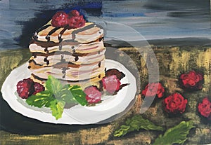 Brown and light brown pancakes on white plate with pink rosberry and green leafes on golden table