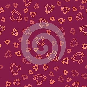 Brown line African buffalo head icon isolated seamless pattern on red background. Mascot, african savanna animal. Wild