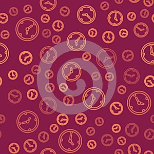 Brown line Clock icon isolated seamless pattern on red background. Time symbol. Vector
