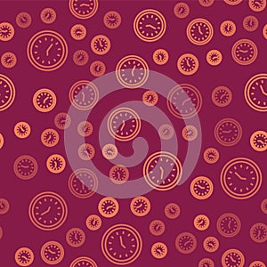 Brown line Clock icon isolated seamless pattern on red background. Time symbol. Vector Illustration