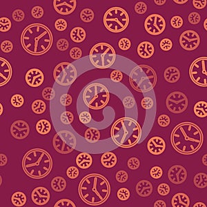 Brown line Clock icon isolated seamless pattern on red background. Time symbol. Vector Illustration