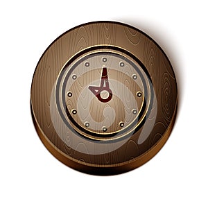 Brown line Clock icon isolated on white background. Time symbol. Wooden circle button. Vector