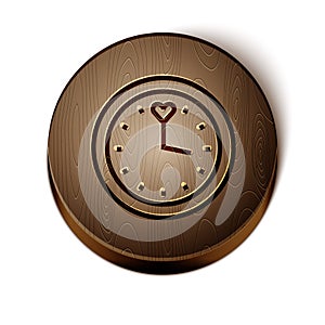 Brown line Clock icon isolated on white background. Time symbol. Wooden circle button. Vector