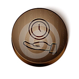 Brown line Clock icon isolated on white background. Time symbol. Wooden circle button. Vector