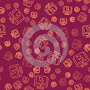 Brown line Computer monitor and cursor icon isolated seamless pattern on red background. Computer notebook with empty
