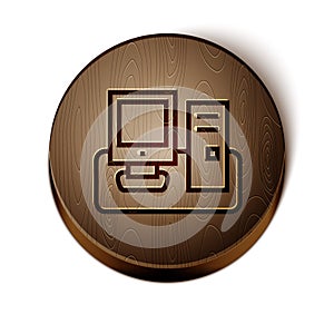 Brown line Computer monitor with keyboard and mouse icon isolated on white background. PC component sign. Wooden circle