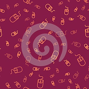 Brown line Computer mouse icon isolated seamless pattern on red background. Optical with wheel symbol. Vector