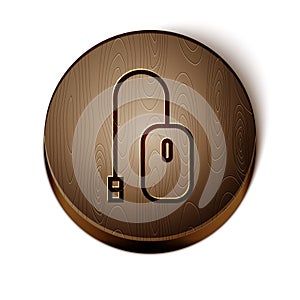Brown line Computer mouse icon isolated on white background. Optical with wheel symbol. Wooden circle button. Vector