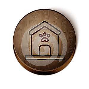 Brown line Dog house and paw print pet icon isolated on white background. Dog kennel. Wooden circle button. Vector