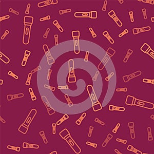 Brown line Flashlight icon isolated seamless pattern on red background. Vector