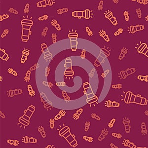 Brown line Flashlight icon isolated seamless pattern on red background. Vector
