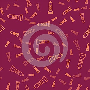 Brown line Flashlight icon isolated seamless pattern on red background. Vector