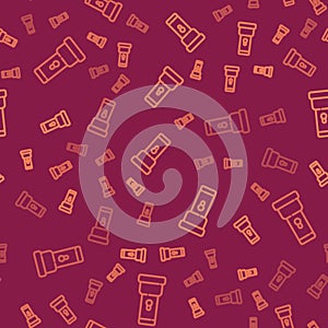 Brown line Flashlight icon isolated seamless pattern on red background. Vector