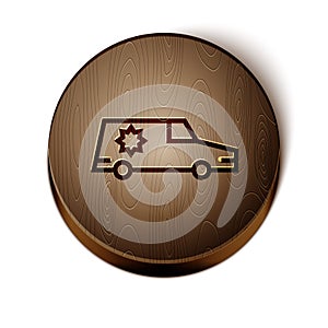 Brown line Hearse car icon isolated on white background. Wooden circle button. Vector