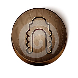 Brown line Judge wig icon isolated on white background. Medieval style antique. Wooden circle button. Vector