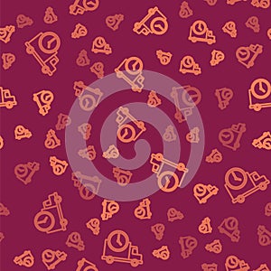 Brown line Logistics delivery truck and clock icon isolated seamless pattern on red background. Delivery time icon