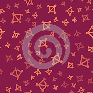 Brown line Medieval bow with arrow icon isolated seamless pattern on red background. Medieval weapon. Vector