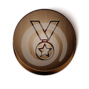 Brown line Military reward medal icon isolated on white background. Army sign. Wooden circle button. Vector