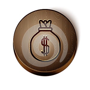 Brown line Money bag icon isolated on white background. Dollar or USD symbol. Cash Banking currency sign. Wooden circle