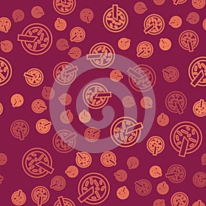 Brown line Petri dish with bacteria icon isolated seamless pattern on red background. Vector